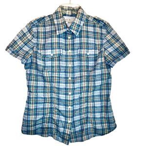 Tommy Hilfiger Plaid Crinkled Fabric Short Sleeve in Blues/Red/Green Women’s M